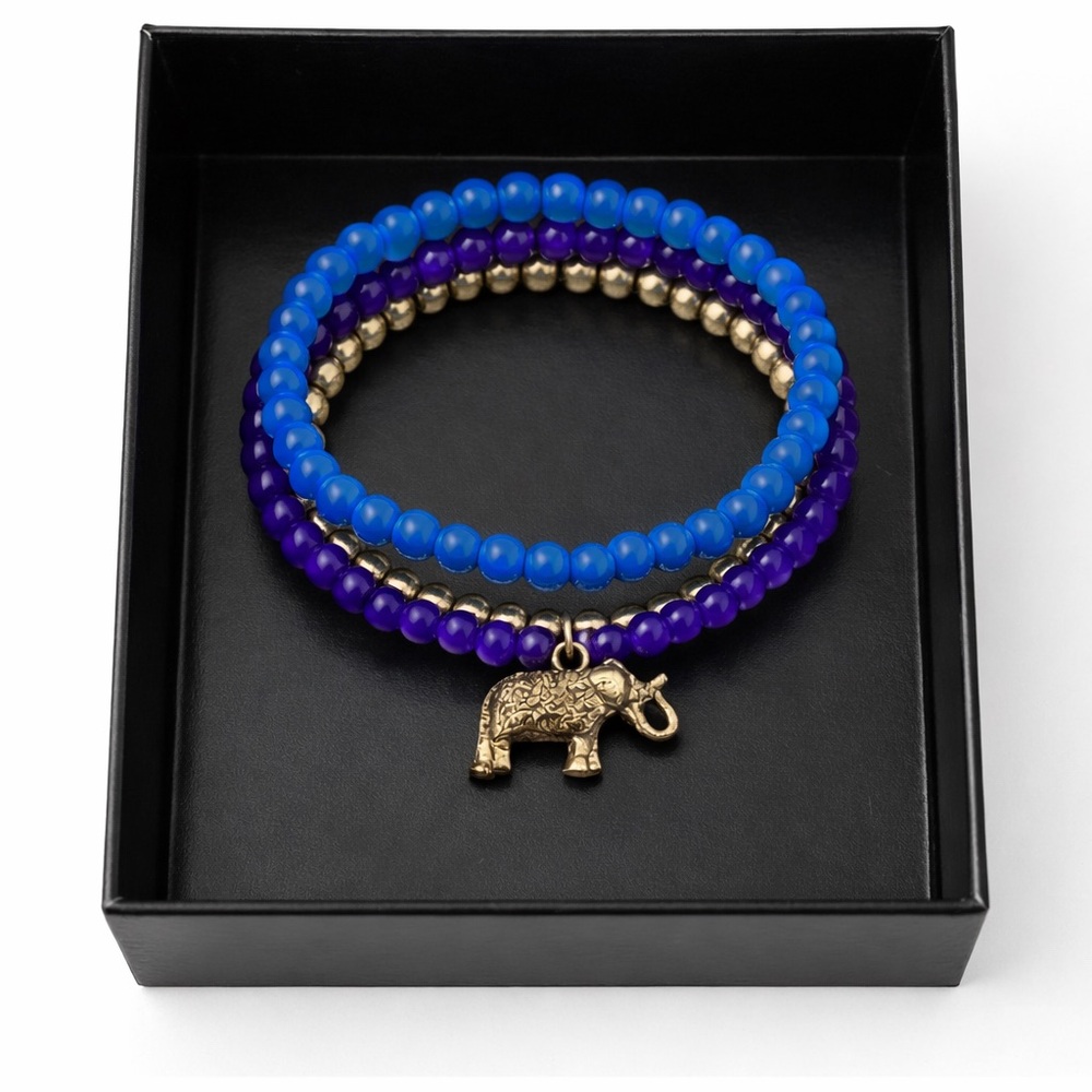 Blue and Gold  Beaded Bracelet Set with Elephant Charm